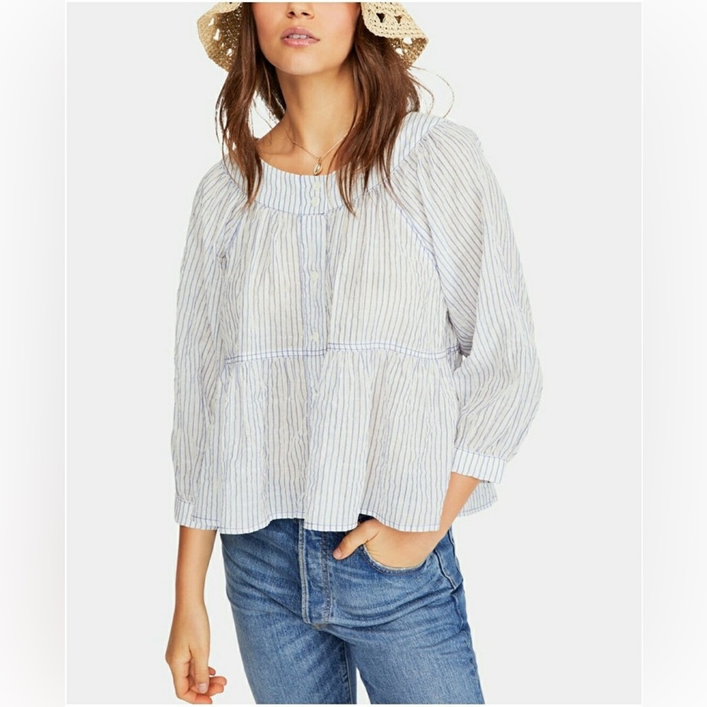 Free People We the Free Sea to Shore Lightweight Blue White Stripe Peasant Top M